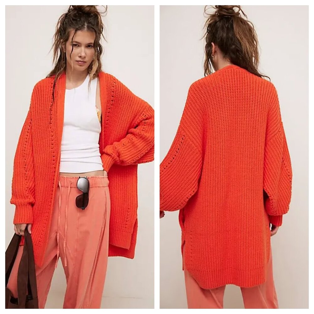 Free People Nightingale Cotton Cardigan in Mandarine Red